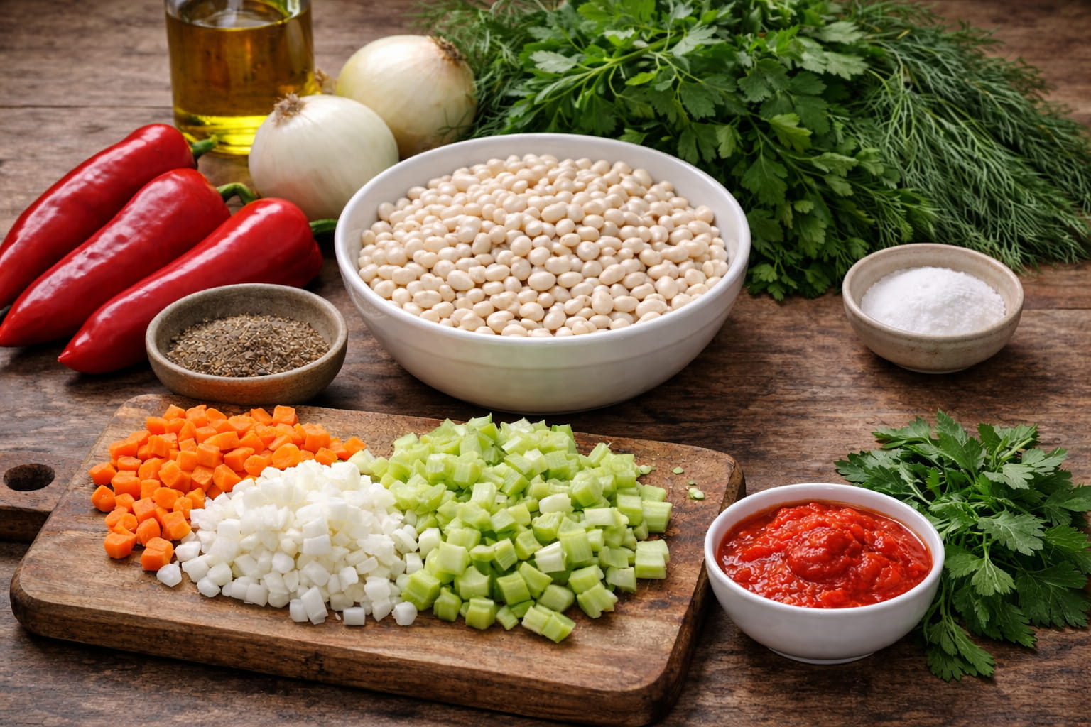 Ingrediente proaspete pentru ciorba de fasole: fasole alba, ardei kapia, telina si rosii