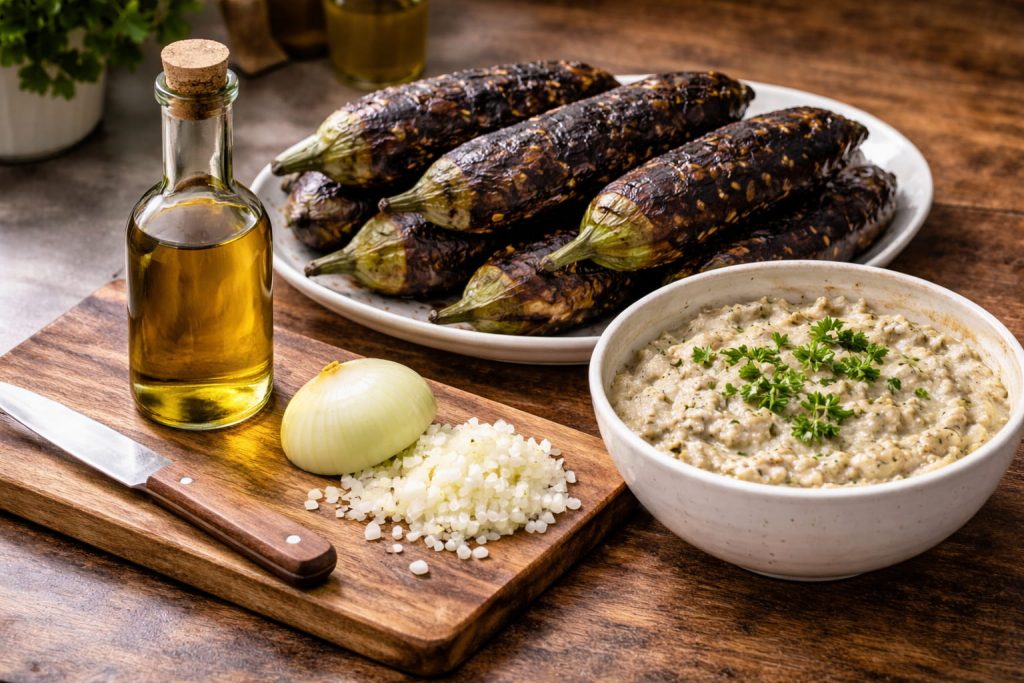 Salata de vinete fara maioneza preparata din vinete coapte, ulei si ceapa la ChefSuperFood Bucuresti