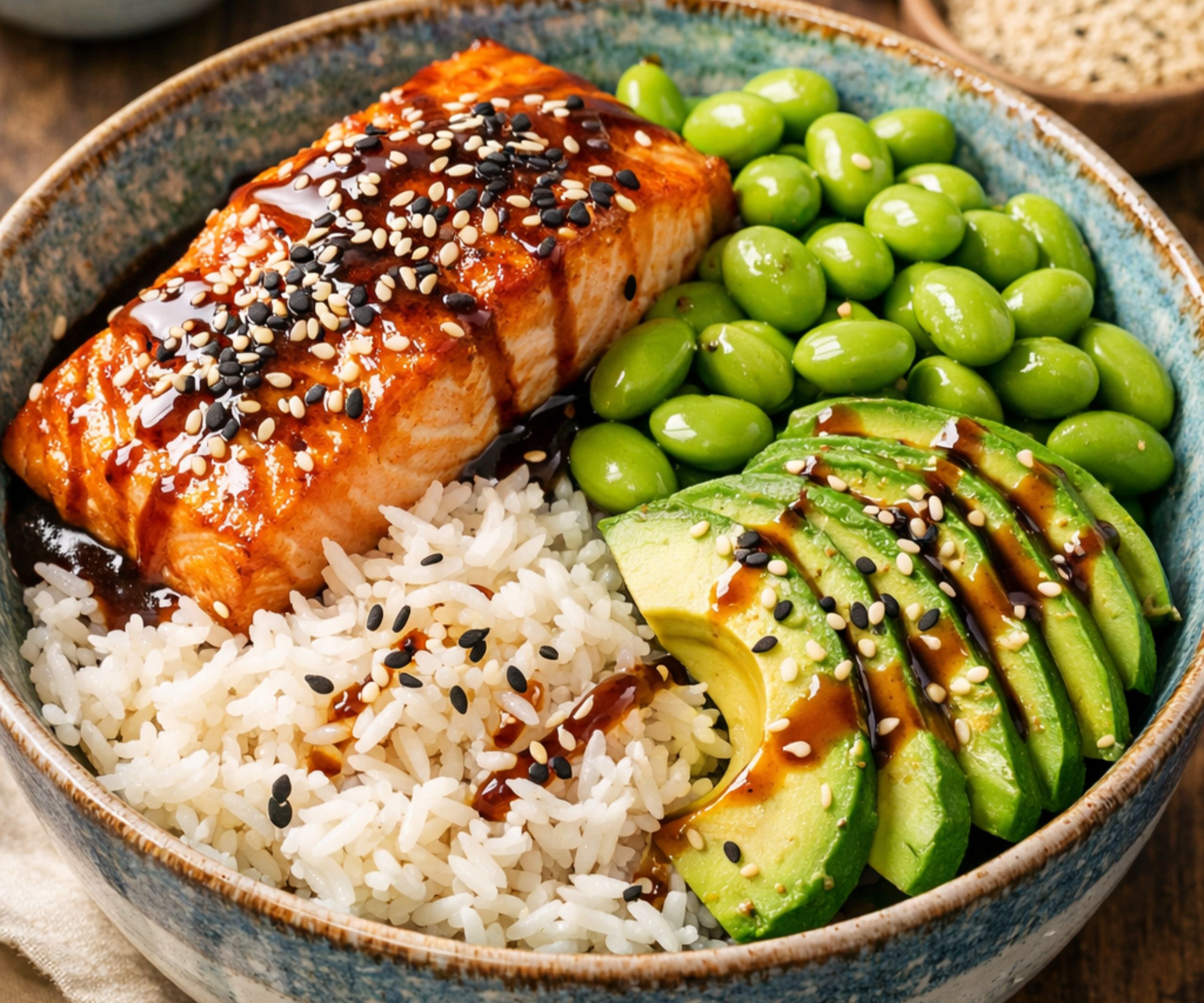 Salmon Teriyaki Protein Bowl cu orez basmati si avocado pregatit de ChefSuperFood Bucuresti