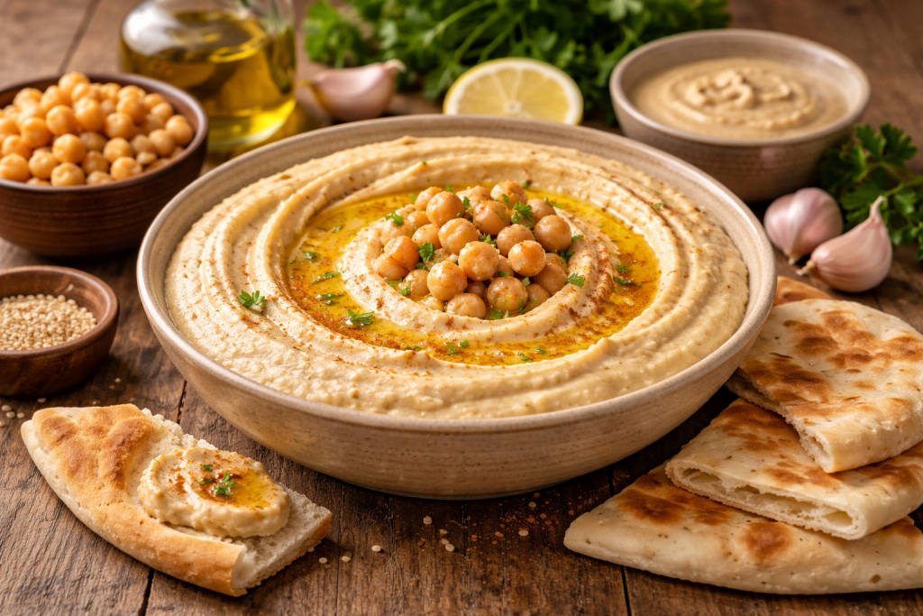 Humus cremos preparat din naut, servit cu ulei de masline si paine pita