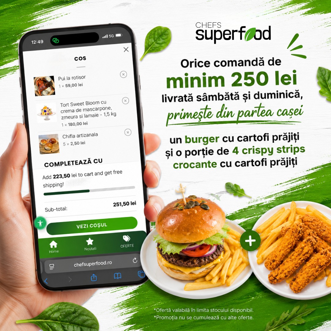 Un burger cu cartofi prajiti si o portie de 4 bucati de crispy strips crocante cu cartofi prajiti